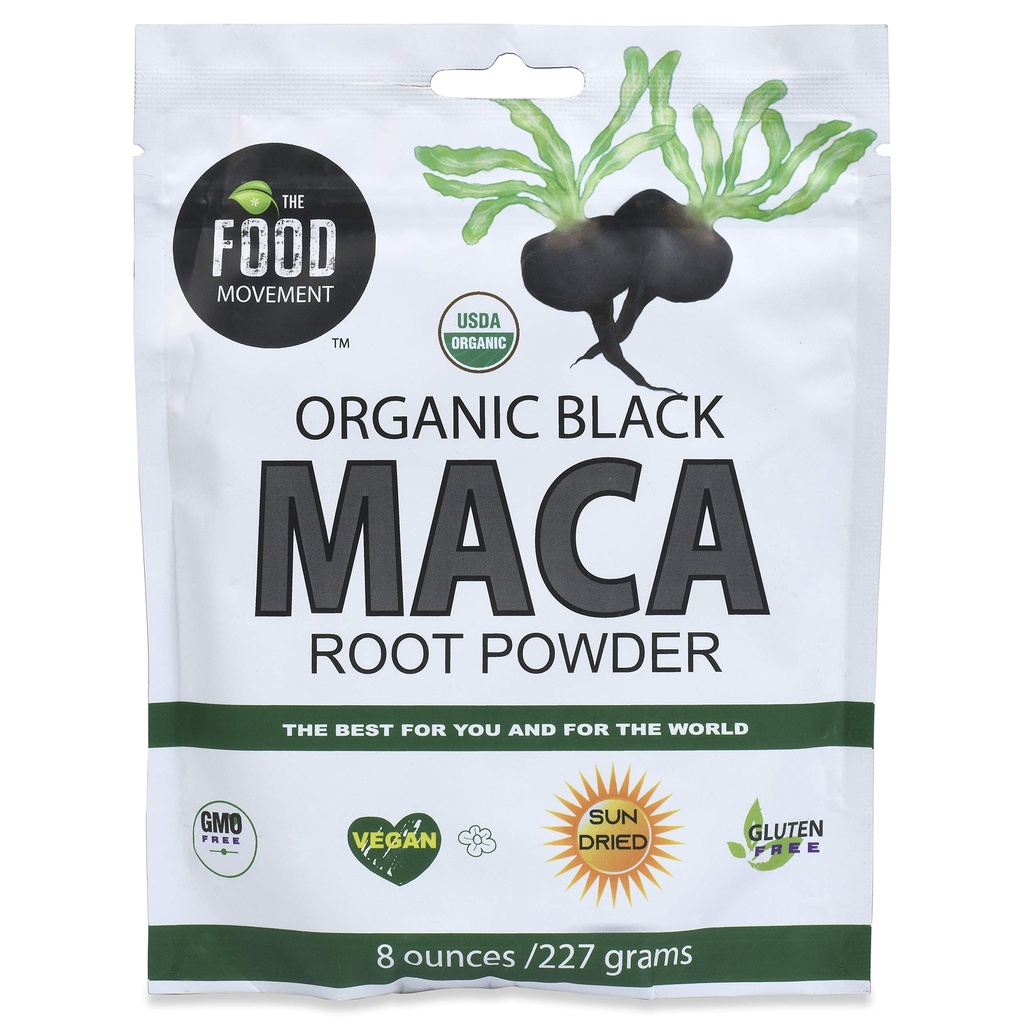 Il Movimento Alimentare Co. Nero Maca 8 oz Polvere cruda - Organico, Non OGM, Vegan, Gluten Free- Nero Maca Root Supplemento per il benessere del corpo intero