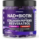 NAD+, Resveratrolo, Berberina, & Biotin Anti-Aging Gummy - Hair, Skin, Nails & Joint Supplement - Peptidi di collagene, Cheratina, Zinco, Vitamina K2 & D3 Gummies -Rigenerazione- Non OGM - Made in USA 60 Count