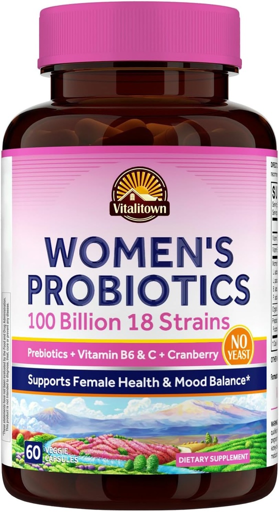 Probiotici Vitalitown Women’s | 100 miliardi di CFU 18 Strains | Prebiotics, VC & B6, Cranberry | Shelf Stable | Vaginal, Urinary, Digestivo & Mood Support | 60 Vegan Caps