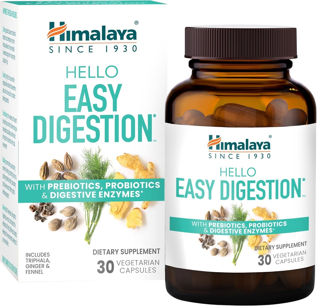 Himalaya Ciao digestione facile, enzimi digestivi con 2 miliardi di CFU Probiotici e Prebiotici, Plus 100 mg di supporto digestivo a base di erbe con Ginger, Fennel & Triphala, 30 capsule vegetariane