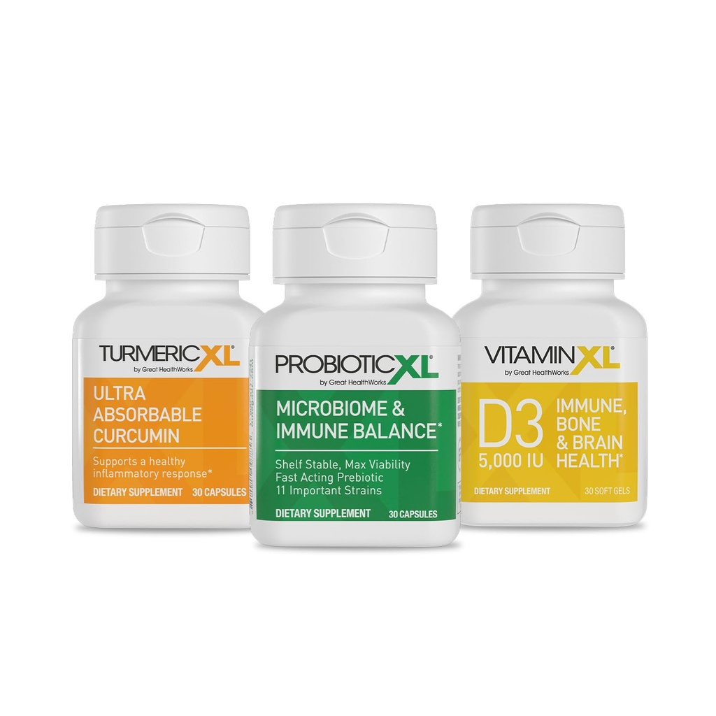 TrioXL - 3 potenti integratori che promuovono un forte sistema immunitario, include TumericXL, VitaminXL D3 & ProbioticXL, Booster immunitario senza glutine, 3-30 conte
