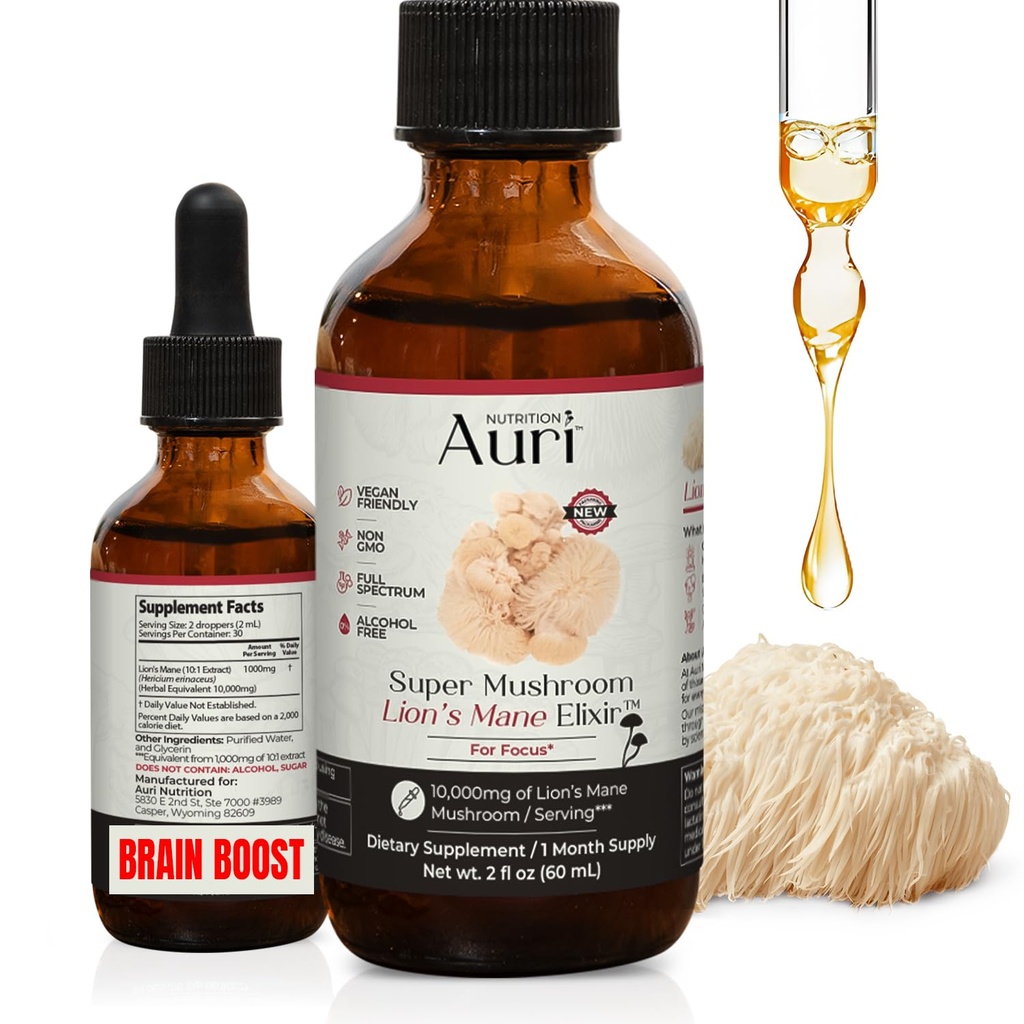 Auri Lion's Mane Liquid Elixir - Integratori del cervello per la memoria e la messa a fuoco con Funzionali funghi - Lions Mane Supplement - Full Spectrum Lion's Mane Extract - No GMO, Vegan Mushroom Tincture