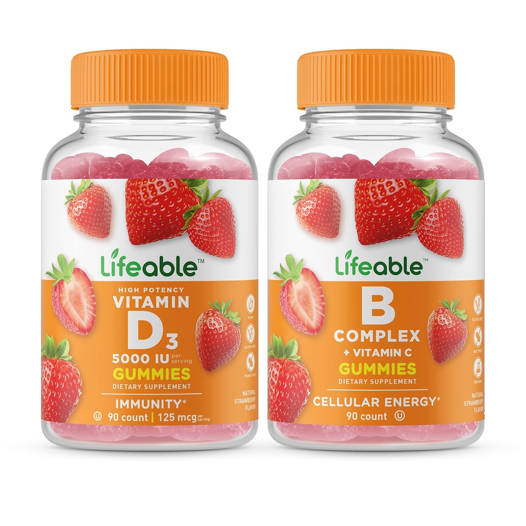 Vitamina vitale D 5000 IU + B Complex, Gummies Bundle - Grande degustazione, Integratore di vitamina, Senza glutine, OGM Free, Gomma masticabile