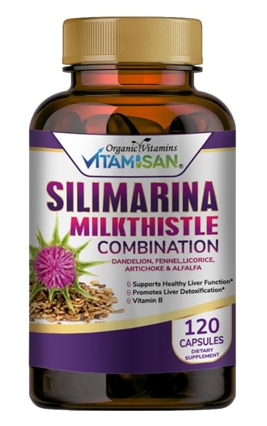 VITAMISAN Latte Thistle silimarina con Dandelion, finocchio. Liquirizia, carciofo Alfalfa Detox & Cleansing Formula Support Liver 120 capsule