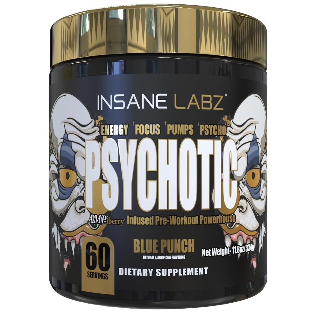 Insane Labz Psychotic Gold, High Stimulant Pre Workout Powder, Extreme Lasting Energy Focus, Pompe e Endurance con Beta Alanine, DMAE Bitartrate, NO Booster (60 Serve, Blue Punch)