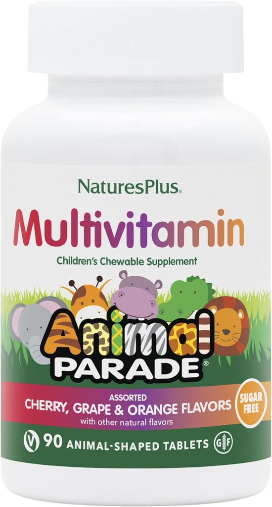 Natures Plus Animal Parade Multivitamina per bambini senza zucchero - Ciliegia assortita, Uva e arancio sapori - 90 compresse masticabili - 45 Total Servings