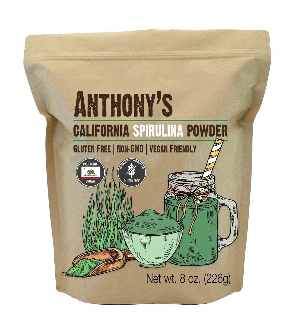 Polvere di Spirulina della California di Anthony, 8 once, prodotto di Stati Uniti, senza glutine, non OGM