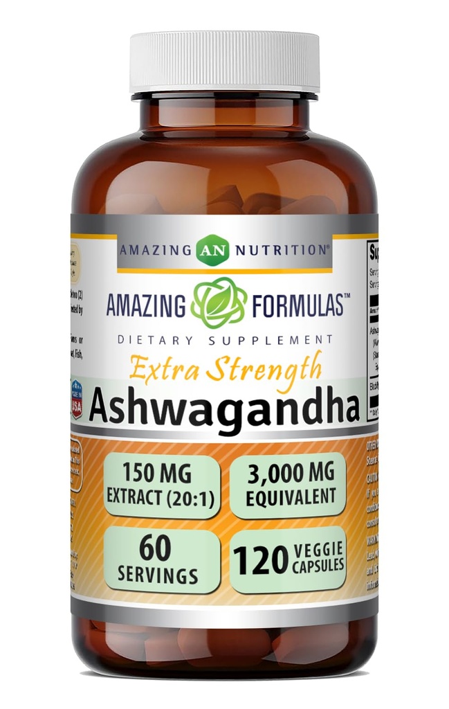 Incredibile formula Ashwagandha Extract Supplemento | 150 Mg estratto (20:1) | Equivalente a 3.000 Mg | Capsule Veggie | Non OGM | Gluten-Free | Made in USA (1 Confezione da 120 Conte)