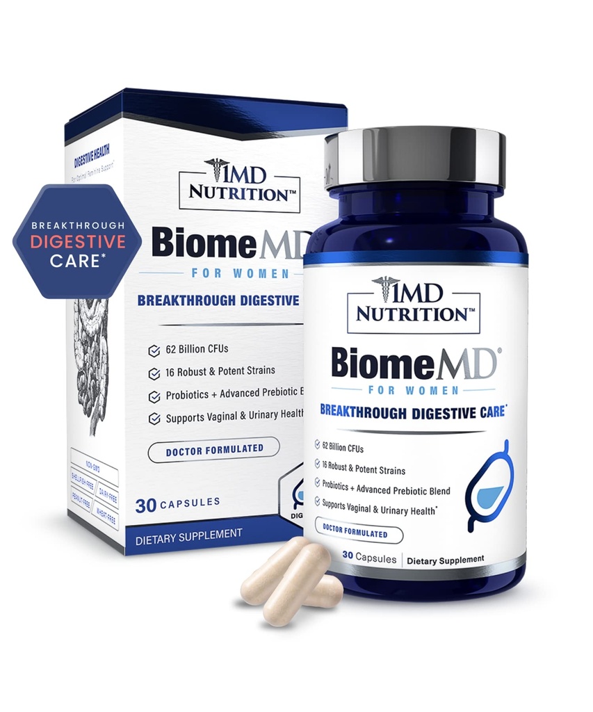 Probiotici 1MD Nutrition BiomeMD per le donne - Prebiotici giornalieri e Probiotici per le donne - Più di 60 miliardi di CFU, 15 Strains - Donne Probiotici per sostenere la salute urinaria e vaginale - 30 capsule