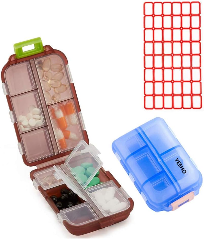 Casella di pedaggio (2 Pack) - Portatile Small Supplements Tablet Container Box con 10 scomparti - Medicina Vitamina Organizer Dispenser Holder Storage per viaggio Pocket Purse (Blue+Chocolate)