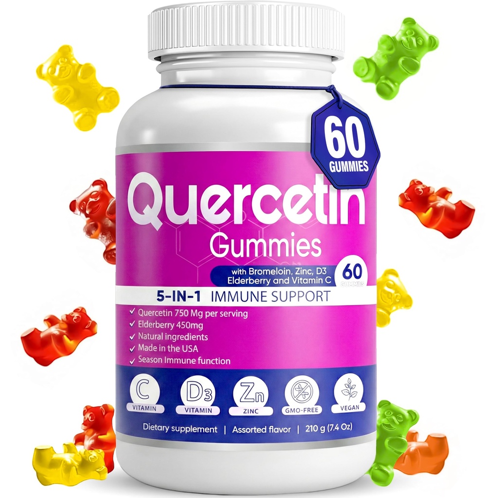 Quercetin Gummies by BioVitalica - Quercetin con vitamina C e Zinc & Elderberry + Vitamina D3-5 in 1 Supporto Immune - Zinc Quercetin 750 mg per bambini e adulti (1)