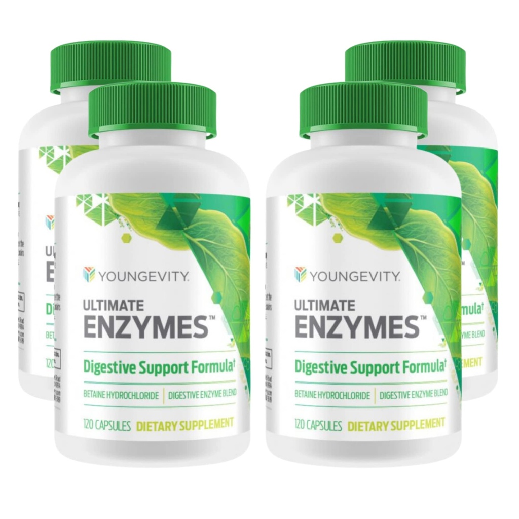 Youngevity Ultimate Enzymes® - Multi Enzimi per Digestione, Gas & Bloating Relief - Betaine HCl, Ox Bile, Pancreatine 10X, Papain 6M, Pepsin 1:3000 (120 Capsule - 4 Pack)