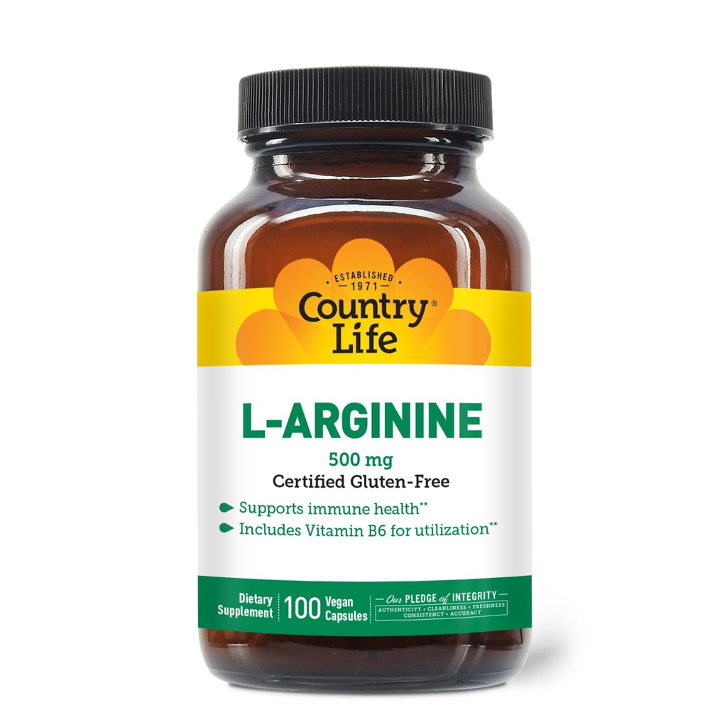 Caps di vita di campagna L-Arginina con vitamina B-6, 500mg, 100 capsule vegane, senza glutine certificato, vegano certificato