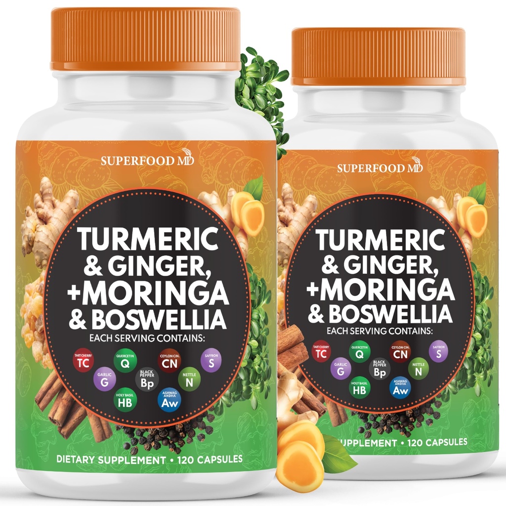 Supplemento Turco Moringa | Ginger, Boswellia, Zafferano, Santo Basilio- Supporto Congiunto per le donne e gli uomini con Ceylon Cinnamon, Quercetin, Tart Cherry- 240 Count