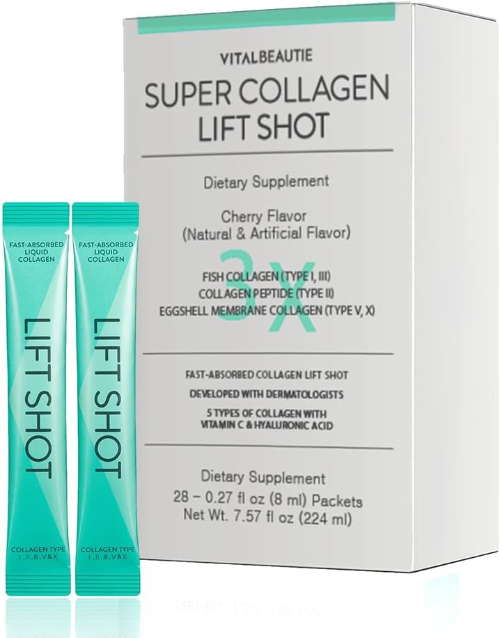 VITALBEAUTIE Liquid Collgen per le donne, SuperCollagen Lift Shot - Premium Multi Collagen Peptidi tipo I, II, III, V, X 1500mg con ialuronico, Vitamina C, Terze Parti Certificate, Alta Assorbimento