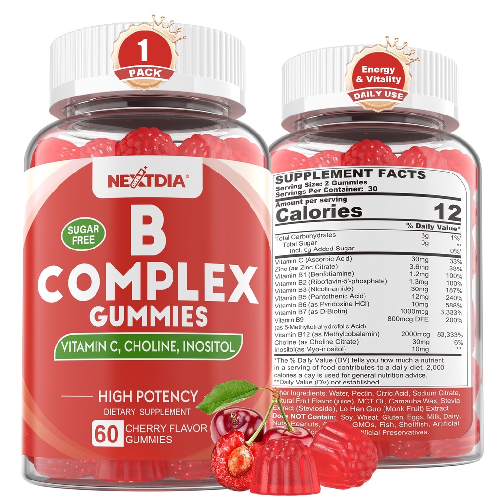 Vitamina B Complex Gummies, Vegan Vitamin B Gummies con 2000 mcg Methyl B12, Methyl Folate | Plus Choline + Inositol, Vitamina C + Zinco per Supporti Energia, Mood, Immune, Capelli sani, Pelle - 60 Cts