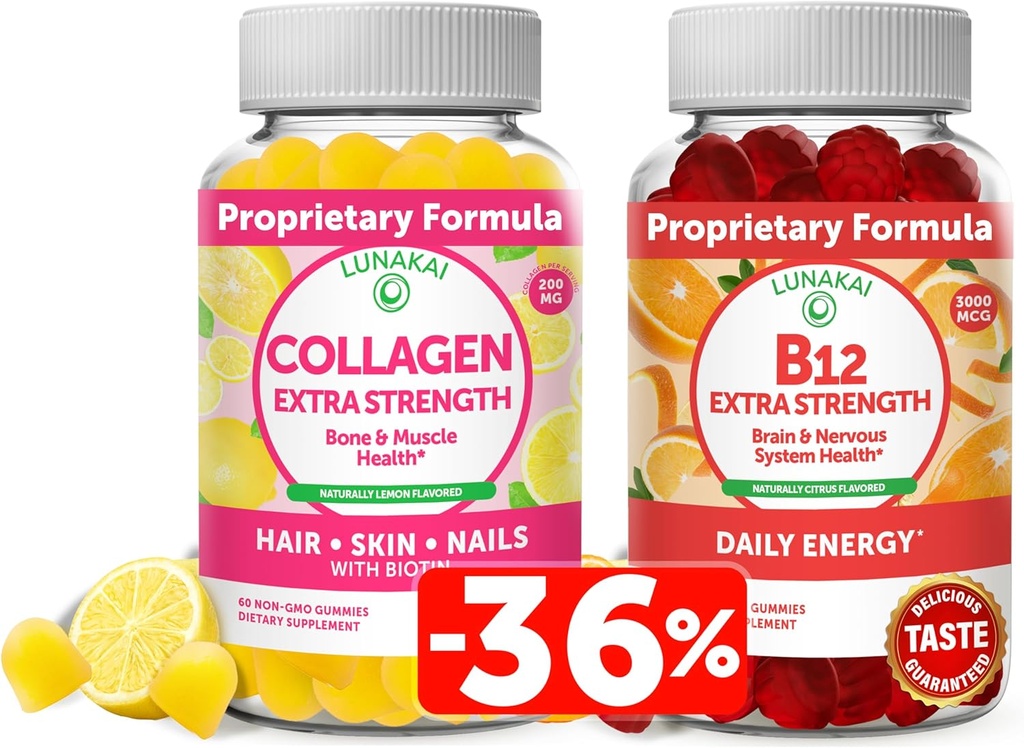 Lunakai Collagen & Biotin Gummies Bundle - Vitamine per Capelli, Pelle e Gioventù Aspetto - Integratori proteici Anti OGM per Uomo e Donne - 30 giorni di alimentazione