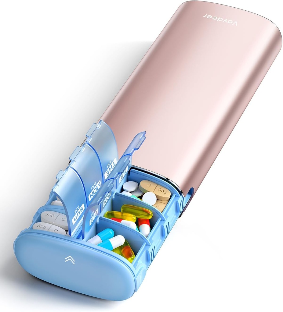 Vaydeer 7 giorno organizzatore settimanale di pillole 2 volte al giorno, metallo Am Pm Travel Pill Case, grande capacità Twice Daily Cute Pill Box per integratori, pillole, vitamine e farmaci (Rose Gold)