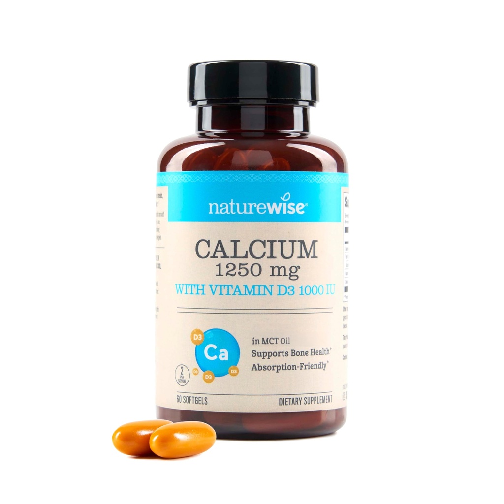 NatureWise High-Purity, All-Natural Calcium 1250mg + Vitamina D3 1000IU + Organico MCT Coconut Oil - Gravidanza Sicuro + Non-OGM - Absorption Friendly, Gluten Free - 60 Softgels[30-Day Supply]