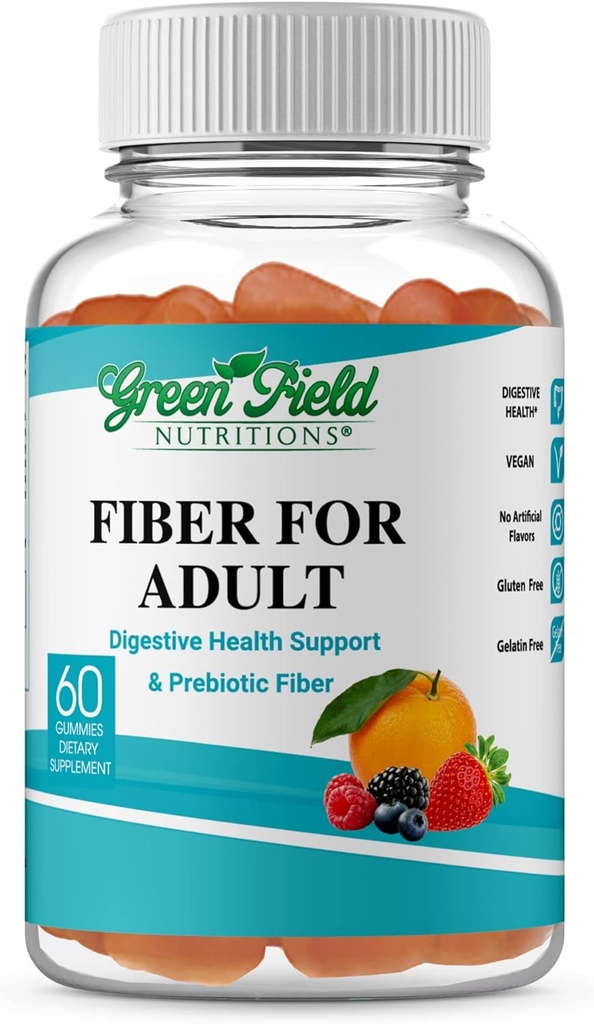 Greenfield Nutritions: Halal Fiber Gummies for Adult from Prebiotic Soluble Chicory for Digestive & Gut Support, Supporto immunitario, Non OGM, Gelatin Free, Gluten Free 60 Counts, Vitamine Halal