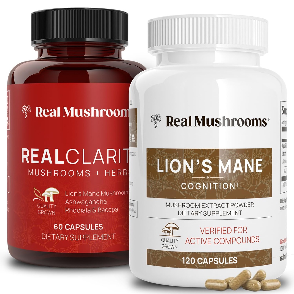 Real Mushrooms RealClarity (60ct) e Lions Mane (120ct) Capsule Bundle - Integratore di funghi per la salute del cervello, Clarity mentale, Focus, Cognizione e supporto immunitario - Vitamine cerebrali w/Ashwagandha
