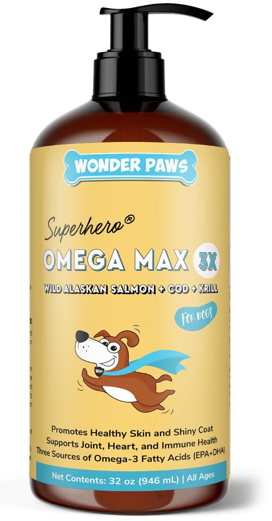 Wonder Paws Fish Oil for Dogs - Omega 3 per cani da Alaskan Salmon, Cod & Krill olio - EPA DHA acidi grassi - Meno spargimento & prurito - Pelle, Joint, Immune & Heart Health - Supplemento liquido (32 oz)