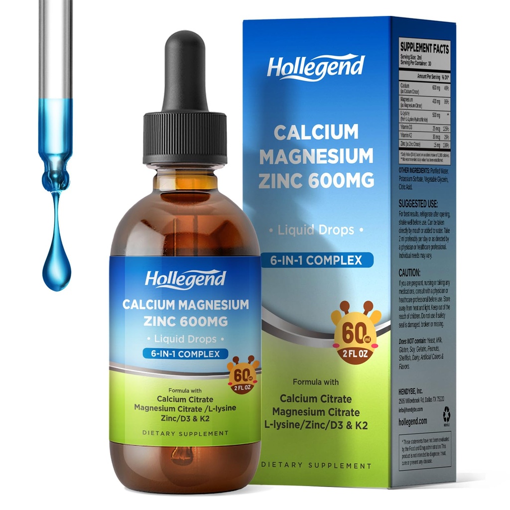 Gocce di citrato di calcio liquido con L-Lysine 500mg, Magnesio e zinco, Citrato di calcio 600mg supplemento con vitamina D3 & K2 per bambini e adulti, 2 Fl Oz