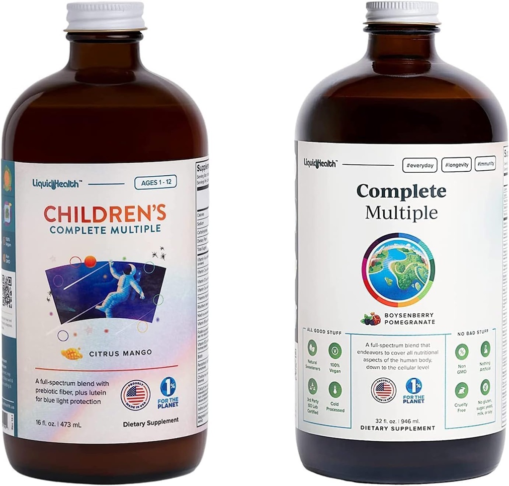 LIQUIDHEALTH Adulto Complete Multiple & Children's Complete Multiple Daily Liquid Multivitamin Bundle for Family - Supporto Salute complessiva, Boost Immune System - Made in USA, Whole Foods, Vegan, Non OGM