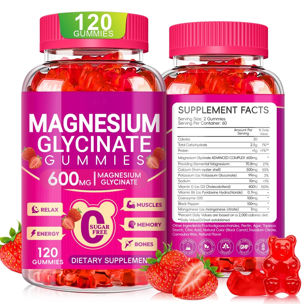 Magnesio Glycinate Gummies 600mg, Chewable Sugar Free Potassium Magnesium Gummies con Magnesio Glycinate, Vitamina D, B6 e CoQ10 per il sonno, Rilassamento, Cervello e Muscolo, 60 giorni di alimentazione