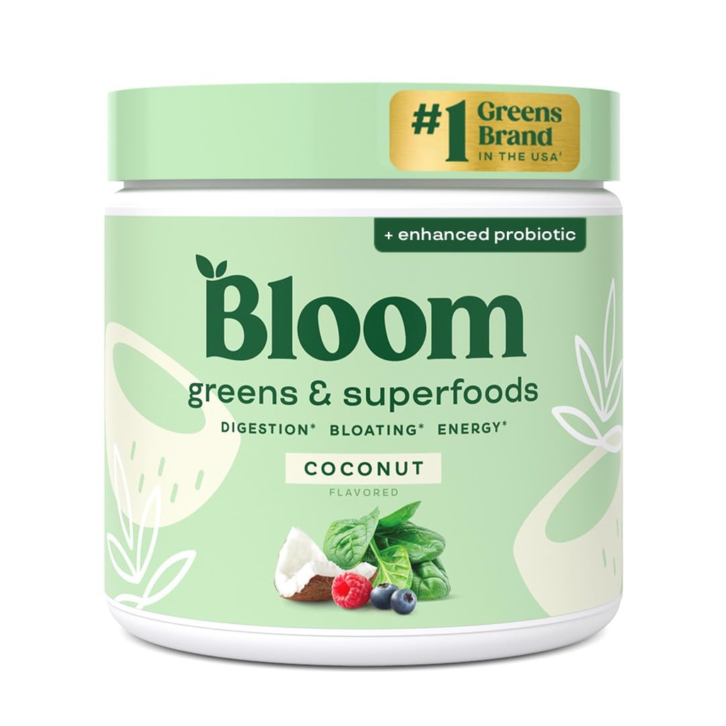 Bloom Nutrition Superfood Greens Powder, Enzimi Digestivi con Probiotici e Prebiotici, Salute Gut, Bloating Relief per le donne, Chlorella, Green Juice Mix with Beet Root Powder, 30 SVG, Coconut