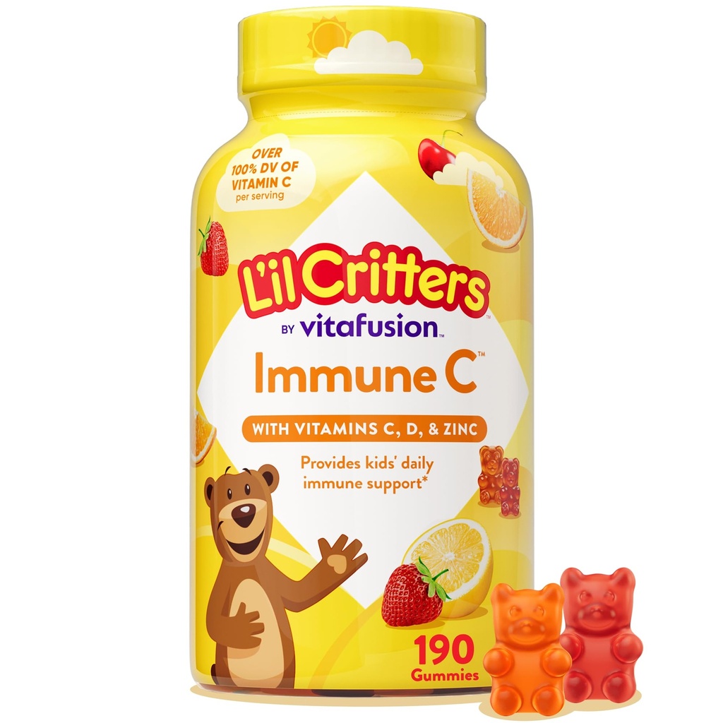 L’il Critters Immune C Daily Gummy Supplement Vitamina per bambini, per Vitamina C, D e Zinco per Supporto Immune, Arancione, Limone, Fragola e Ciliegia Sapori, 190 Gummies (Packaging May Vary)