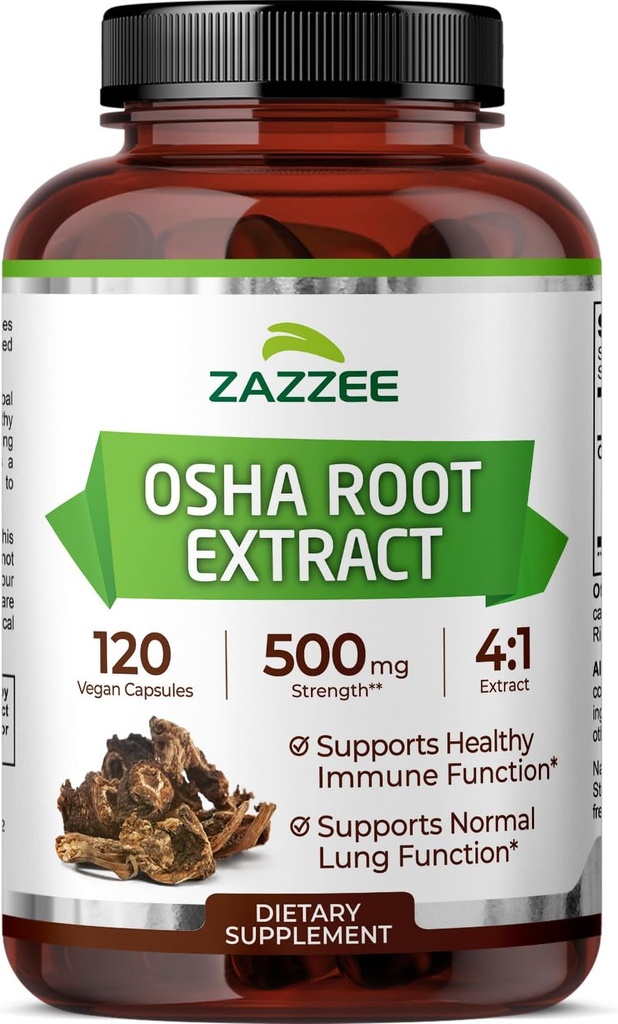 Zazzee OSHA Root 4:1 Estratto, 500 mg di resistenza, 120 capsule vegane, 4 mesi di fornitura, concentrato e standardizzato 4X estratto, 100% vegetariano, Ligusticum porteri, All-Natural e Non-OGM