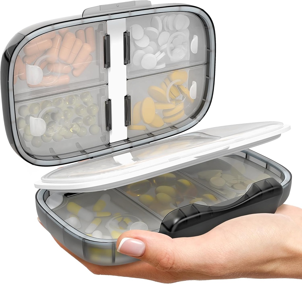Organizzatore di pillole di viaggio - Airtight caso di medicina per viaggiare scatola di farmacia portatile con etichette contenitore di vitamina 8 scompartimento supplemento titolare di farmaci grande capacità quotidiana (nero-2)