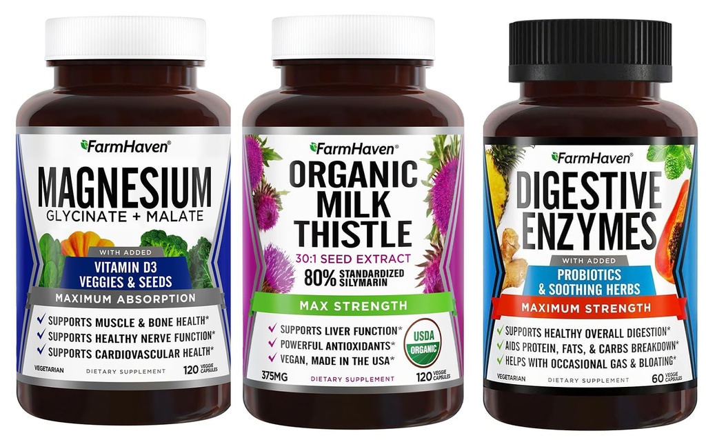 FarmHaven Magnesium Glycinate & Malate + Latte Thistle + Enzimi digestivi con Probiotici