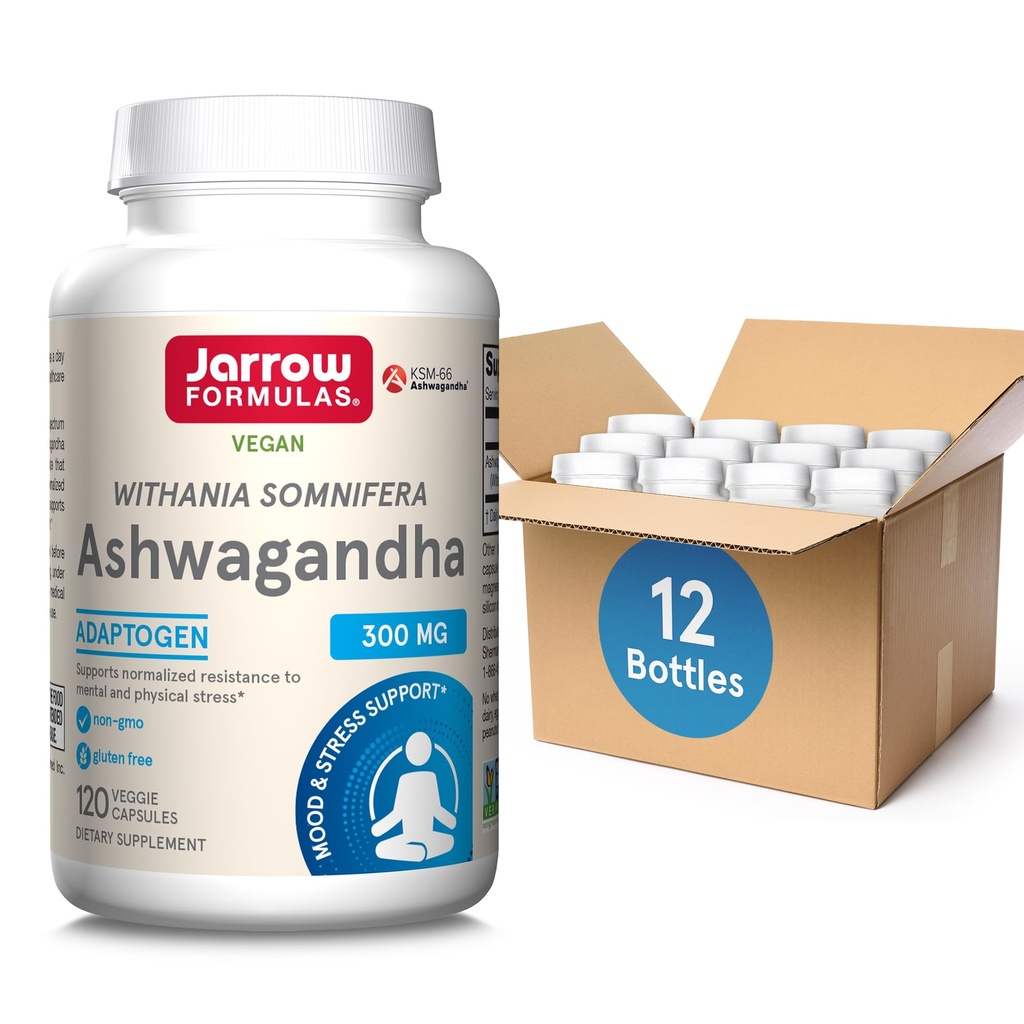 Jarrow Formulas Ashwagandha 300 mg - 120 capsule vegetali - Salute e resistenza globale alla fatica - Supporti supplemento Endurance, Recupero muscolare & Salute cognitiva - 60 Serve (Pack of 12)
