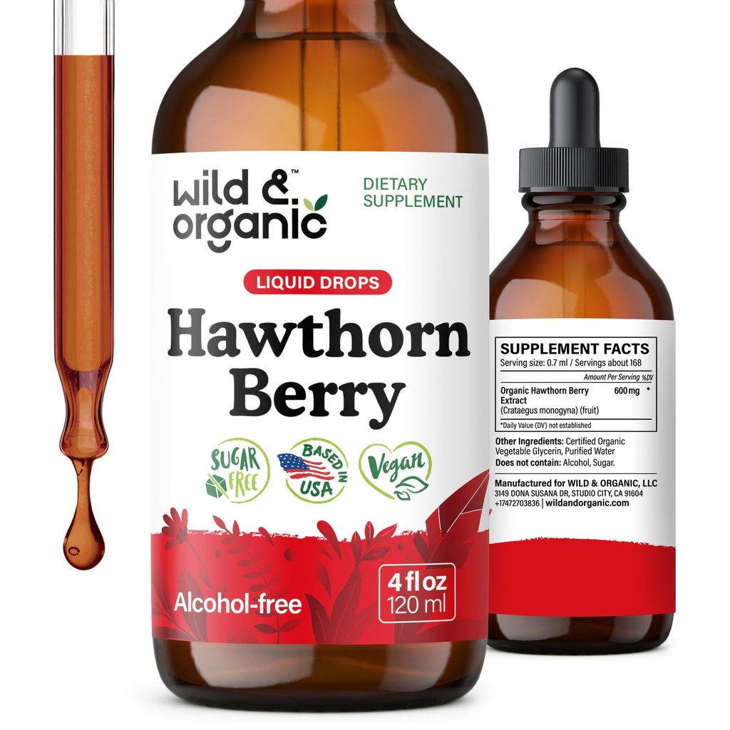 Wild & Organic Hawthorn Tincture 600 mg - Liquid Hawthorne Berry Supplemento per il supporto complessivo - Vegan, Sugar & Alcohol-Free Fruit Extract Drops - 4 fl oz
