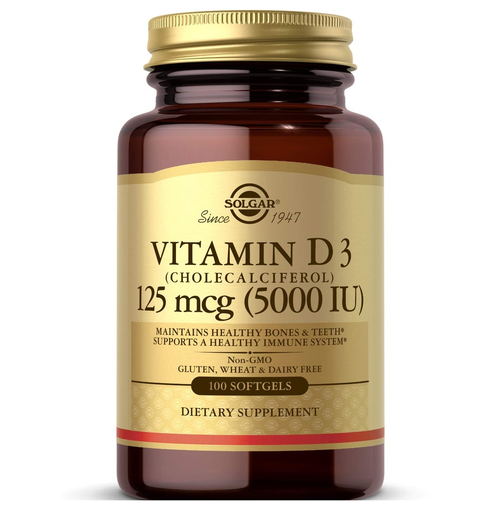 Solgar Vitamin D3 (Cholecalciferol) 125 MCG (5000 UI), 100 Softgels - Aiuta a mantenere le ossa sane e denti - Supporto di sistema immunitario - Non OGM, Senza glutine, Latticini Free - 100 Serve