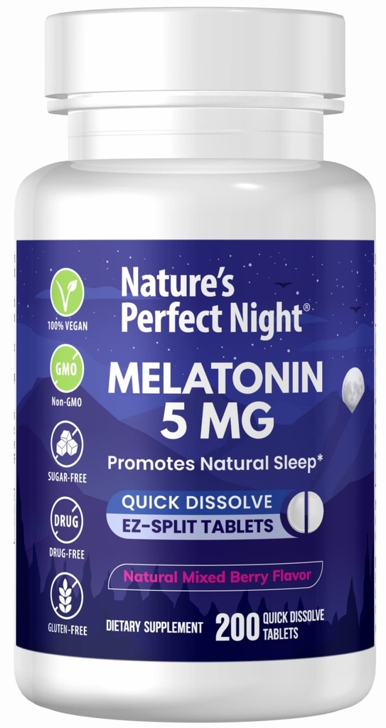 Notte perfetta della natura | Melatonin 5mg | 200 compresse di dissolvenza rapida | Natural Mixed Berry Flavor |Potenza preferita | Sugar Free | Vegan | Gluten Free | Dimensione del valore
