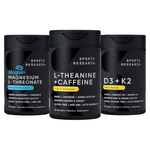 Ricerca sportiva Magtein Magnesio L-Threonate Capsule (2000 mg, 90 capsule), Vitamina Vegana D3 + K2 w / Olio di cocco organico (5000iu VIT. D 100mcg Mk7 VIT. K, 60 Softgels) e L-teanina (200mg, 60 ct)