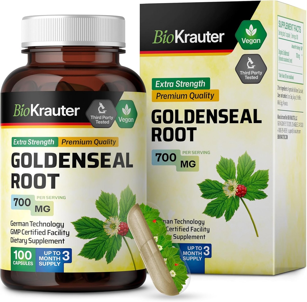 BIO KRAUTER Goldenseal Root Capsule 700 mg - 100 Golden Seal Powder Caps - Supporto respiratorio e digestivo - Vegan, No Fillers