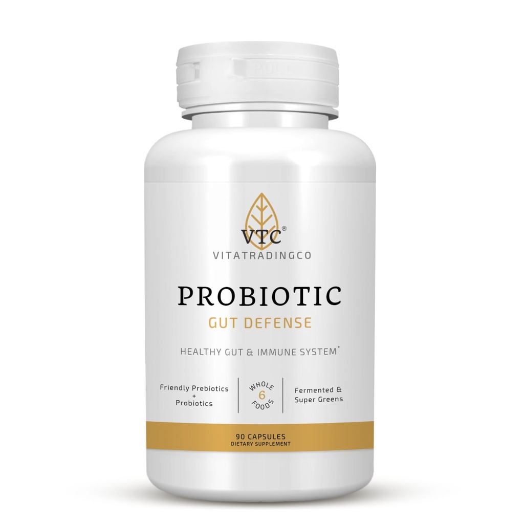 VTC VitaTradingCo. Probiotici Gut Defense | Probiotici e Prebiotici per Gut Health & Digestion | 1 miliardo di CFU con base alimentare completa | 90 capsule