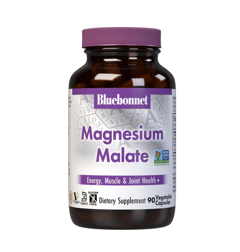 Bluebonnet Nutrition Magnesium Malate Capsule Vegetali - Supporta Energia, Muscolo e Joint Health - Non-GMO, Vegan, Kosher Certificato, Senza Glutine, 90 Conte