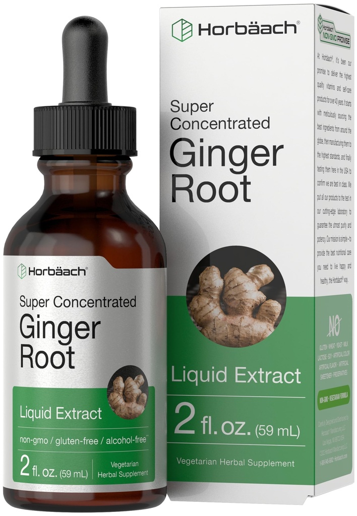 Horbäach Ginger Root Extract Liquid | 2 oz | Alcohol Free Supplement | Super Concentrato | Vegetariano, Non OGM, Gluten Free
