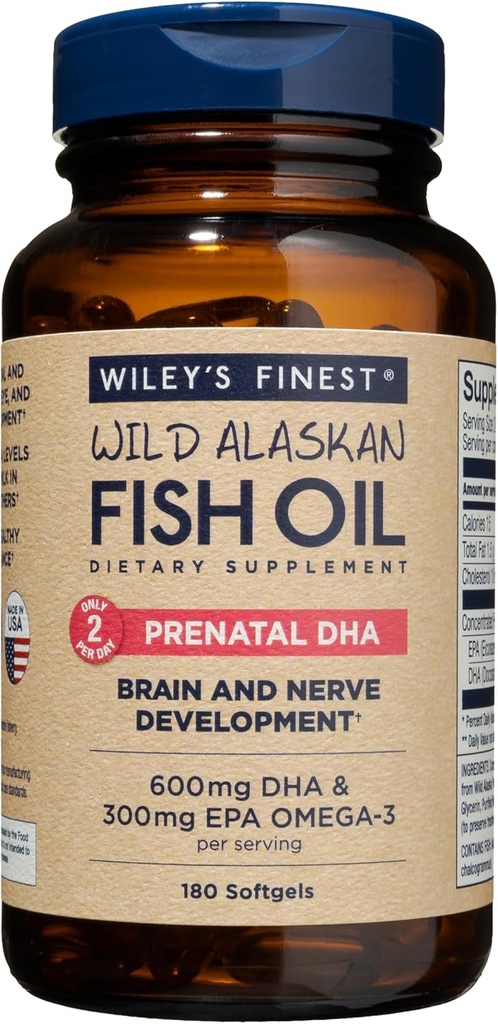 Wiley's Finest Wild Alaskan Fish Oil Prenatal DHA - 900mg EPA e DHA Omega-3s per donne incinte e madri infermieranti - 180 Softgels (90 Prenatal Vitamin Servings)