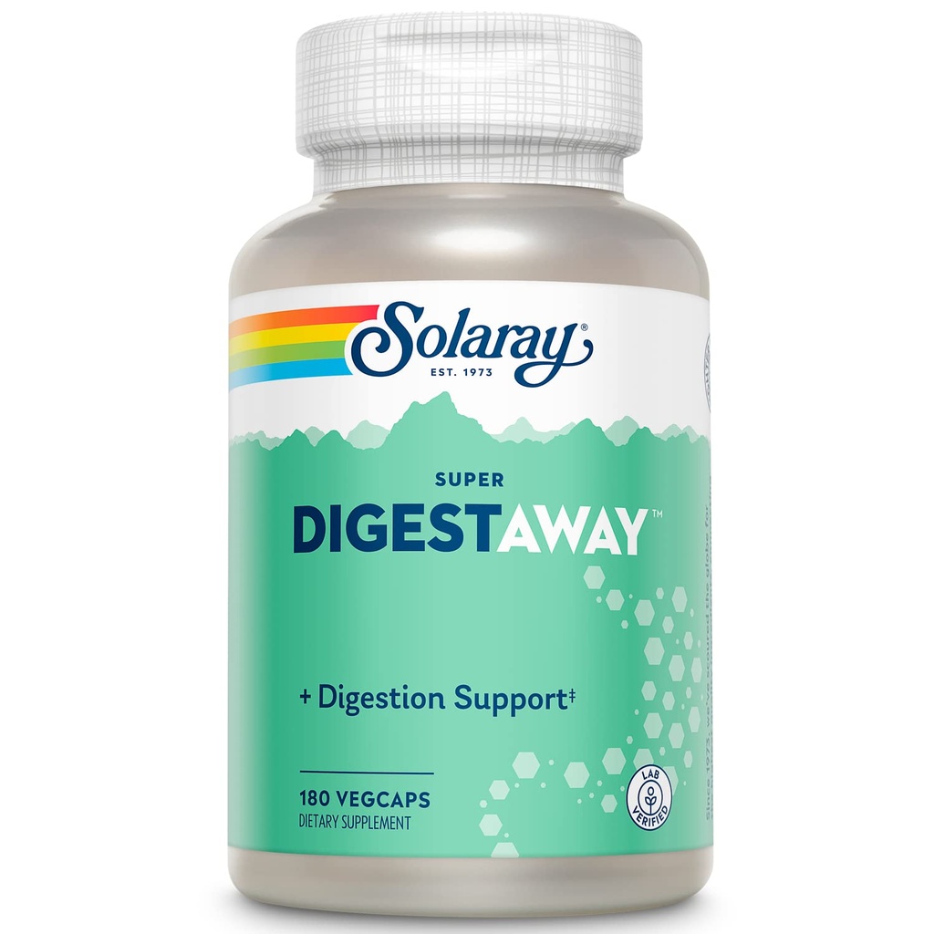 SOLARAY Super Digestaway Enzimi Digestivi - Pancreatin, Papain, Ginger, Pepsin, Betaine HCl, Aloe Vera, e altro - Digestione e supporto per l'assorbimento Nutriente - Lab verificato - 180 VegCaps