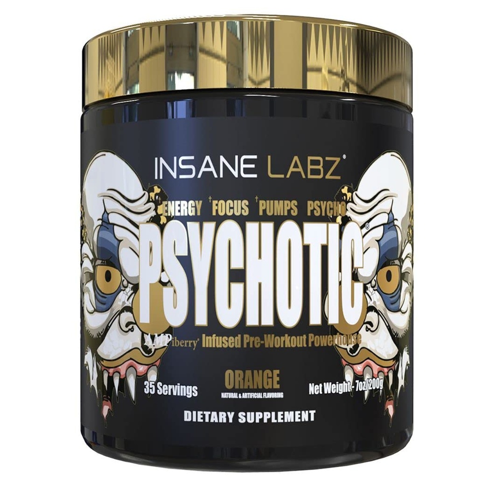Insane Labz Psychotic Gold, High Stimulant Pre Workout Powder, Extreme Lasting Energy Focus, Pompe e Endurance con Beta Alanine, DMAE Bitartrate, NO Booster (35 Serve, Arancione)