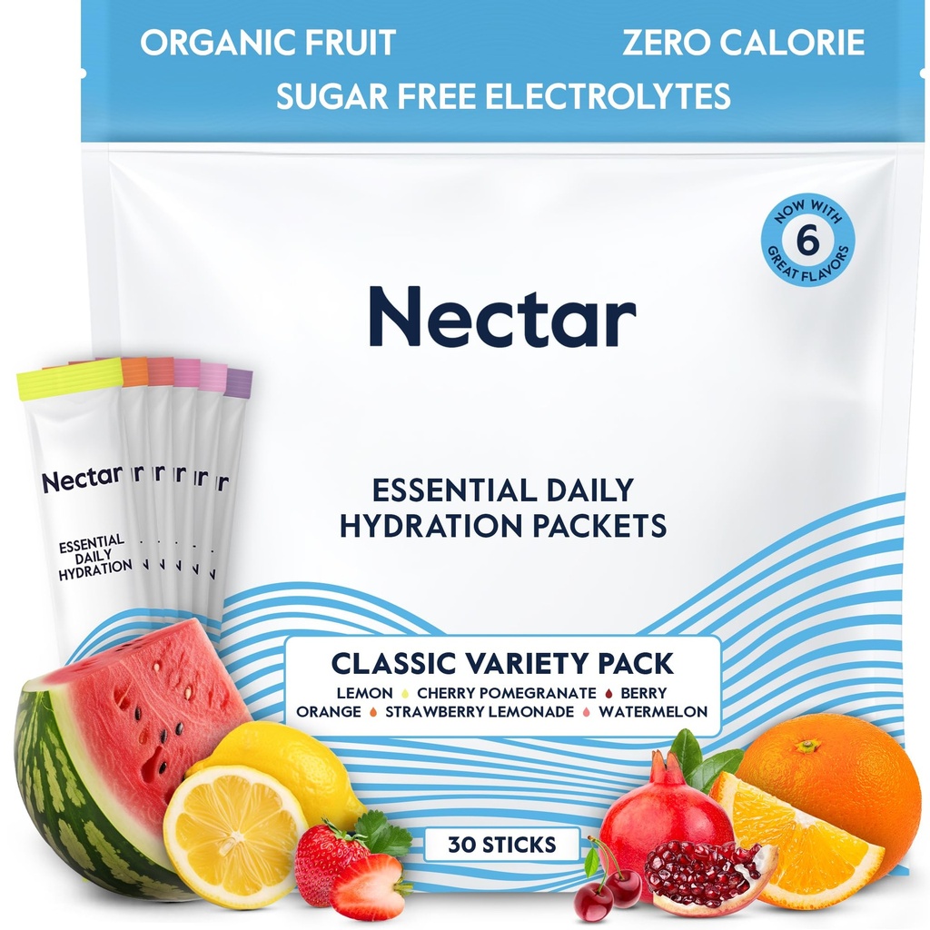 Imballaggio di idratazione di Nectar - Imballaggio di polvere di elettroliti - Zucchero gratuito & 0 Calorie - Polvere di elettroliti del liquido di frutta organica giornaliera IV per il sollievo e la reidrazione di disidratazione (Variety 30 Pack)