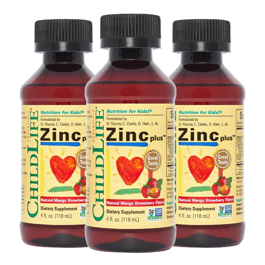 CHILDLIFE ESSENTIALS Liquid Zinc Plus per Bambini & Toddler - Liquido Supplemento Gocce, Zinc Gluconate & Copper per Supporto Immune - Mango Strawberry, 4 Fl Oz (Pack of 3)