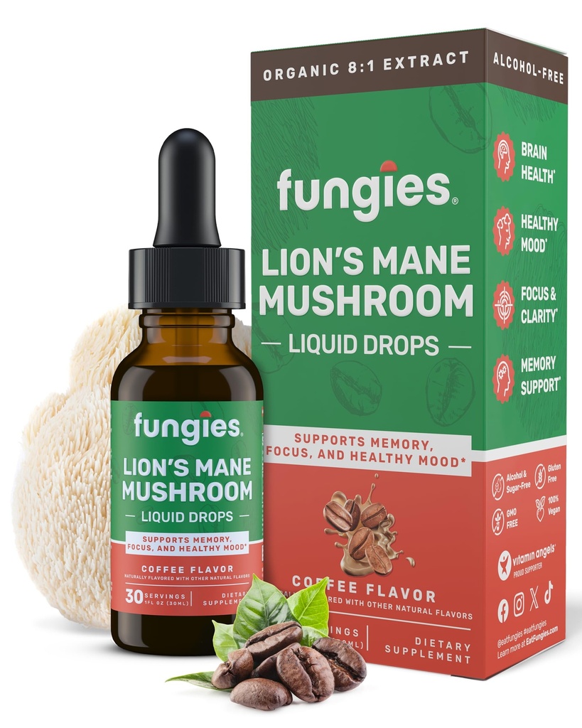Fungies Lion's Mane Mushroom Liquid Drops, Caffè - Tintura con Lions Mane Extract Supporta Cervello, Focus, Memoria & Healthy Mood - Mushroom Complex Supplement per Adulti - 30 Serve