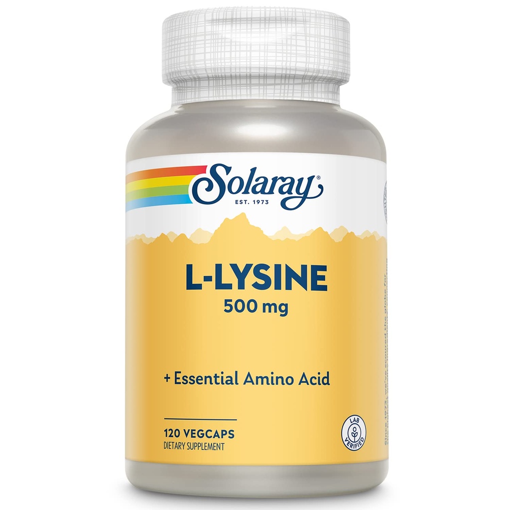 SOLARAY L Lysine 500 mg Capsule - Integratore Aminoacidi Essenziale Free-Form - Supporto Benessere Potente con Aminoacido L-Lysine - Lab Verificato, Garanzia di 60 giorni, 120 Serve, 120 VegCaps